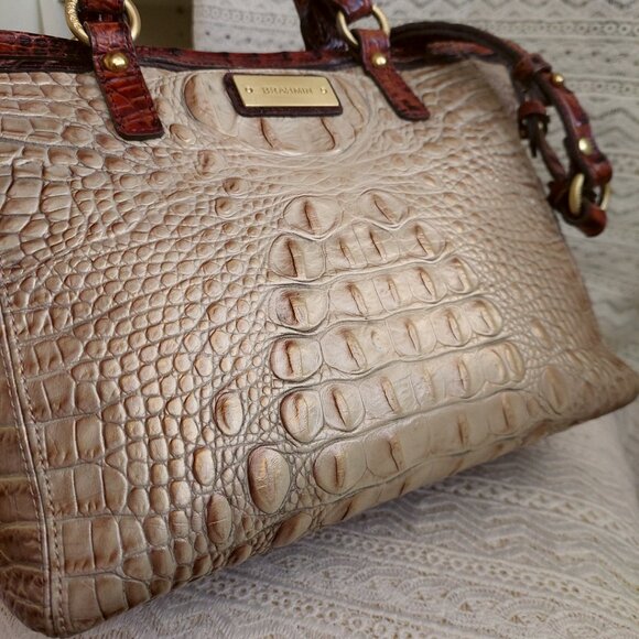 Brahmin Mini Arno Satchel Bag Champagne Gold & Pecan Brown Melbourne - Picture 2 of 15
